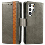 Samsung Galaxy - Leather Look flip wallet case in grey textured material with tan patterned stripe and magnetic tab