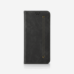 Samsung Galaxy - Luxury Leather black textured flip wallet case with tan stitching and a slim vertical strap