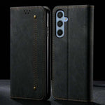 Samsung Galaxy - Luxury Leather flip wallet case in black textured material with tan contrast stitching and magnetic closure