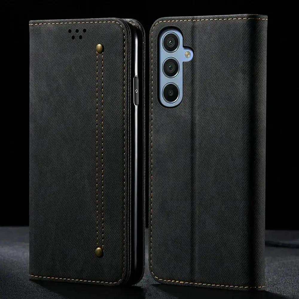 Samsung Galaxy - Luxury Leather flip wallet case in black textured material with tan contrast stitching and magnetic closure