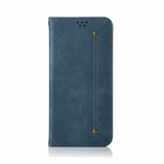 Flip wallet phone case, Samsung Galaxy - Luxury Leather in textured blue material with tan stitching and brass-tone studs.