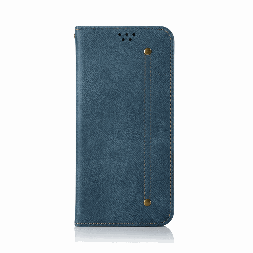 Flip wallet phone case, Samsung Galaxy - Luxury Leather in textured blue material with tan stitching and brass-tone studs.