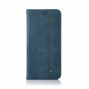 Flip wallet phone case, Samsung Galaxy - Luxury Leather in textured blue material with tan stitching and brass-tone studs.