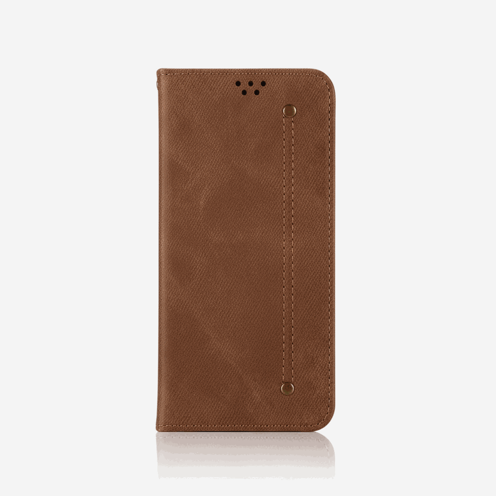 Samsung Galaxy - Luxury Leather flip wallet case in textured brown leather-look material with stitched edges and magnetic closure