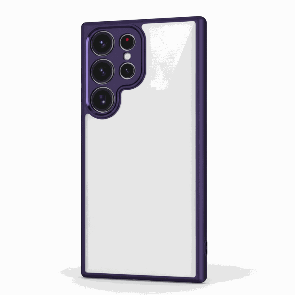 Samsung Galaxy - Luxury Matte Clear Acrylic Case with a transparent back and dark purple matte bumper around a multi-camera cutout