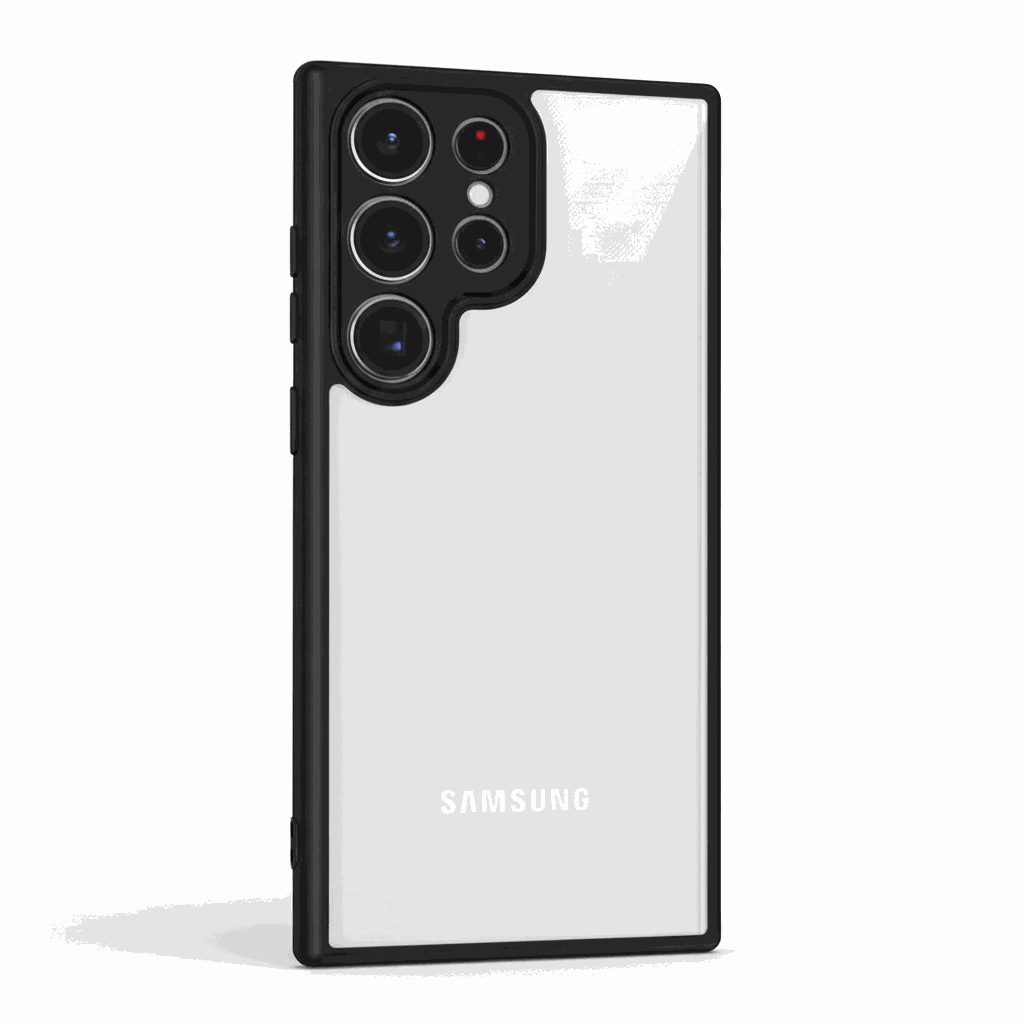 Samsung Galaxy - Luxury Matte Clear Acrylic Case with a transparent back, black matte bumper edges and raised camera surround.