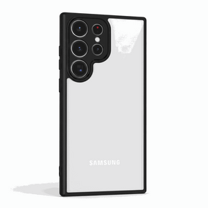 Samsung Galaxy - Luxury Matte Clear Acrylic Case with a transparent back, black matte bumper edges and raised camera surround.