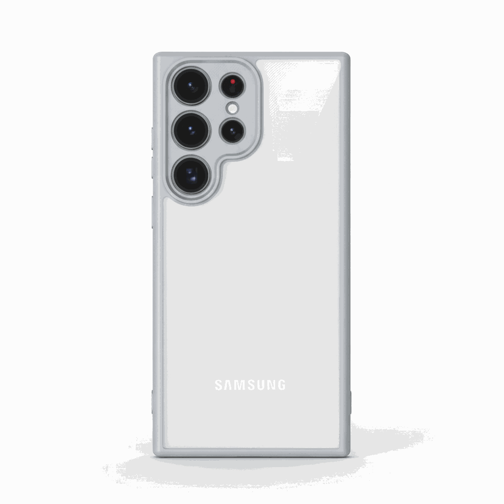 Samsung Galaxy - Luxury Matte Clear Acrylic Case in clear acrylic with slim matte gray edges and a raised camera surround