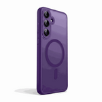 Samsung phone case in translucent purple matte material, with three raised camera rings and a visible magnetic charging circle