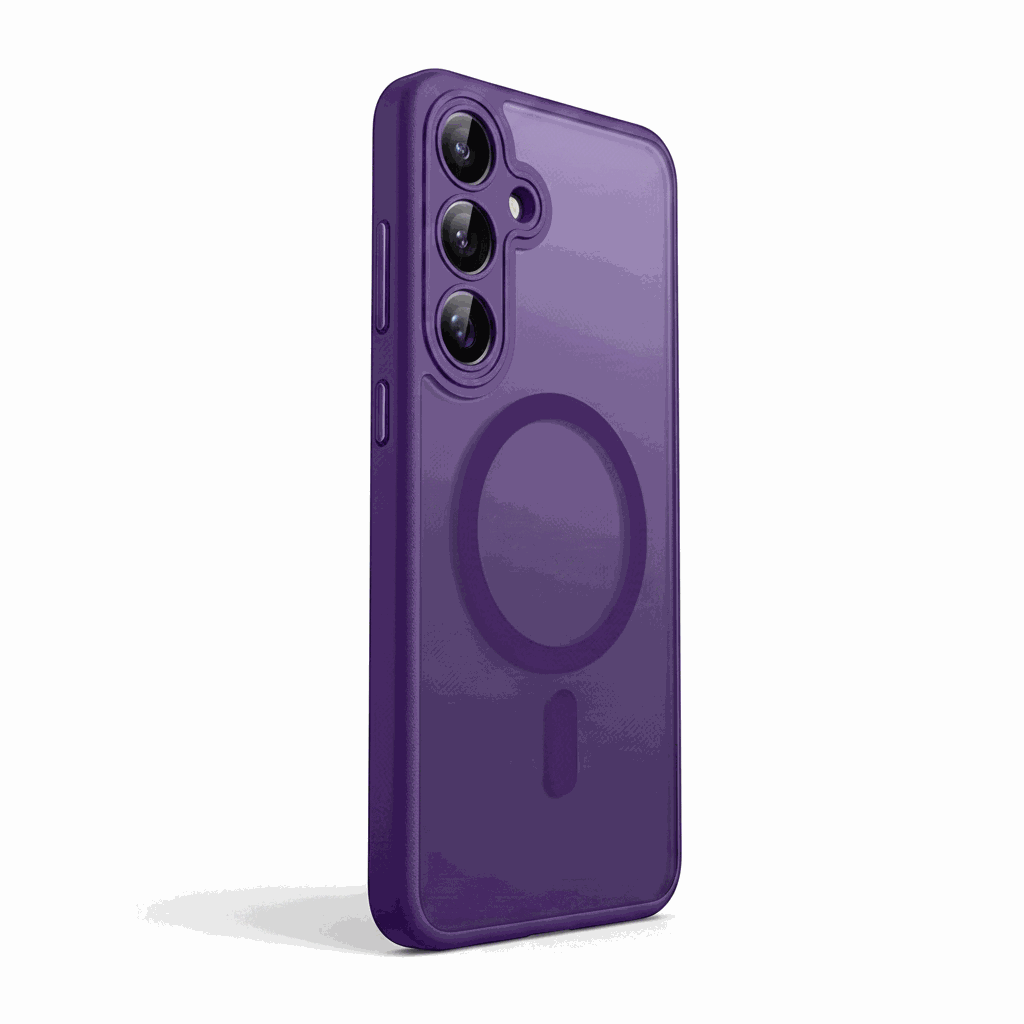 Samsung phone case in translucent purple matte material, with three raised camera rings and a visible magnetic charging circle