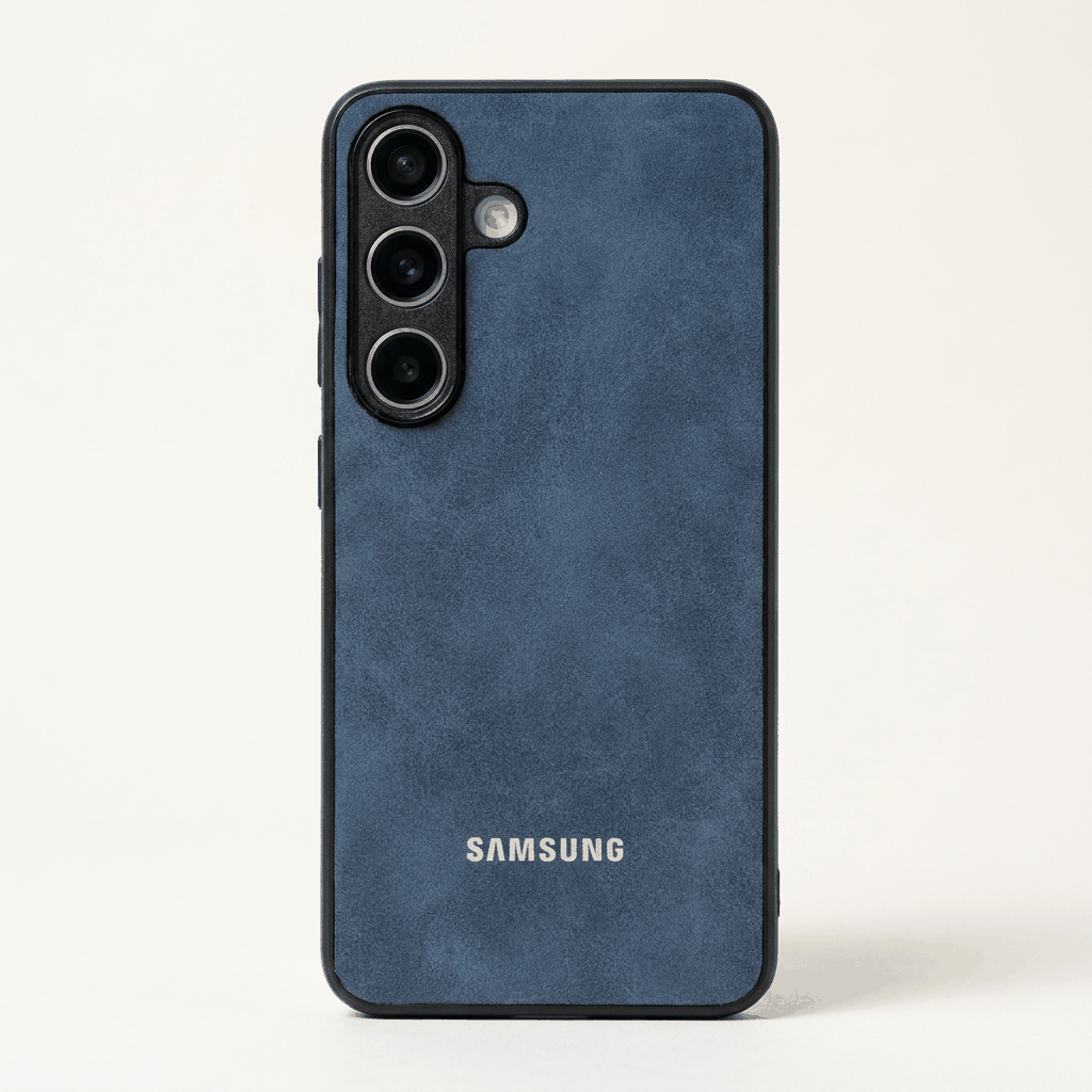 Samsung Galaxy - Luxury Sheepskin Case in dark blue textured leather-look material, with triple camera cutouts and Samsung logo