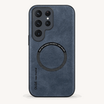 Samsung Galaxy - Magnetic phone case in textured blue leather-look material with black magnetic ring and raised camera surround