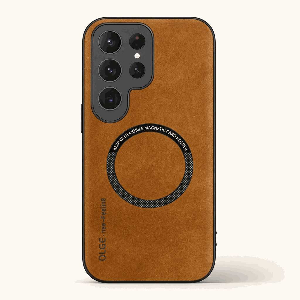 Samsung Galaxy - Magnetic leather-look phone case in warm brown with a black camera surround and circular magnetic ring