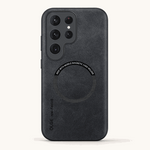 Samsung Galaxy - Magnetic phone case in charcoal black textured leather-look material, with circular magnetic ring and raised camera surround