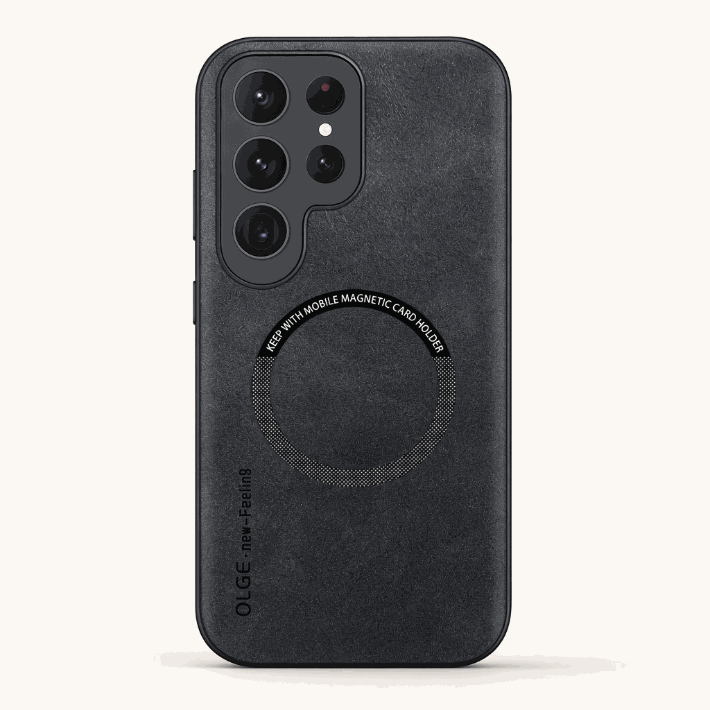 Samsung Galaxy - Magnetic phone case in charcoal black textured leather-look material, with circular magnetic ring and raised camera surround