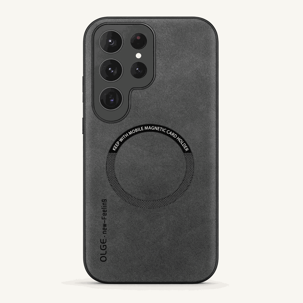 Samsung Galaxy - Magnetic phone case in dark gray textured leather-look finish with a raised camera surround and circular magnetic ring