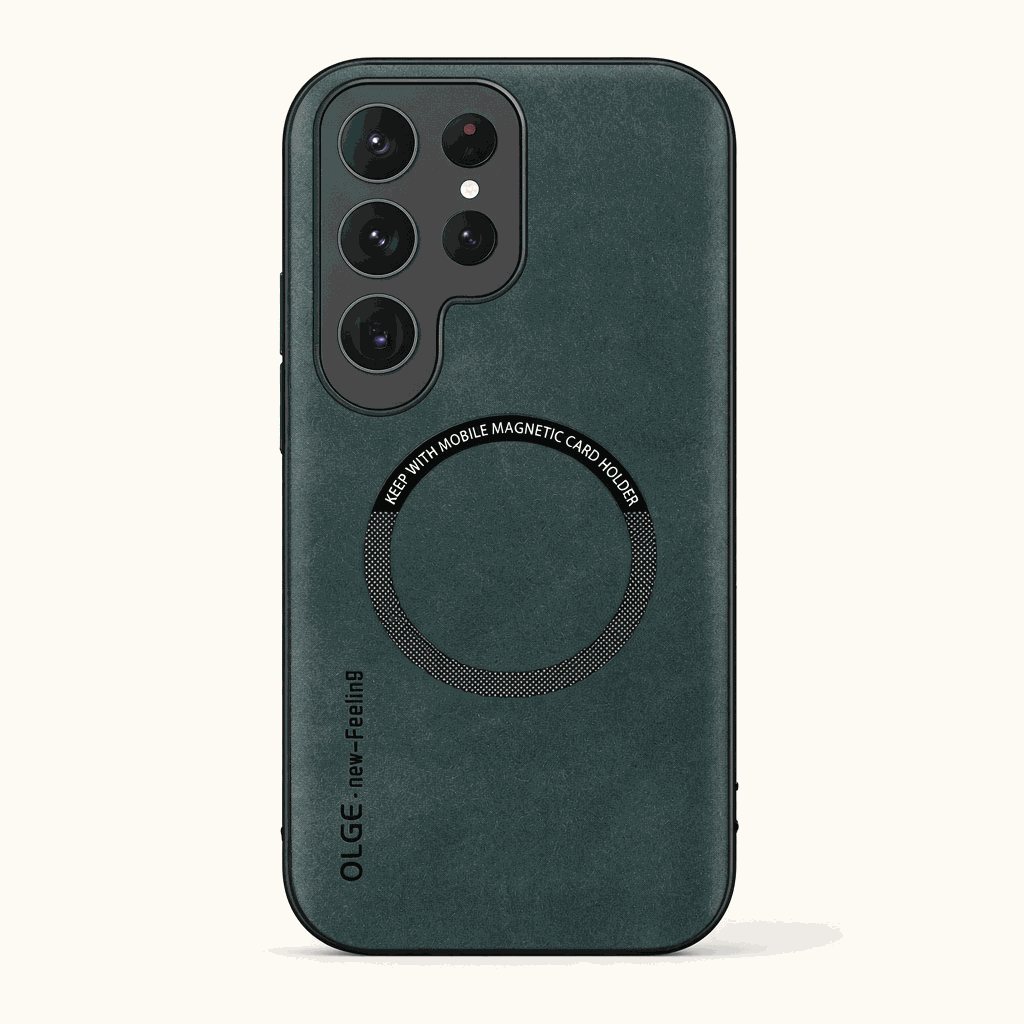Samsung Galaxy - Magnetic phone case in dark teal textured leather-look material with a black magnetic ring and raised camera surround