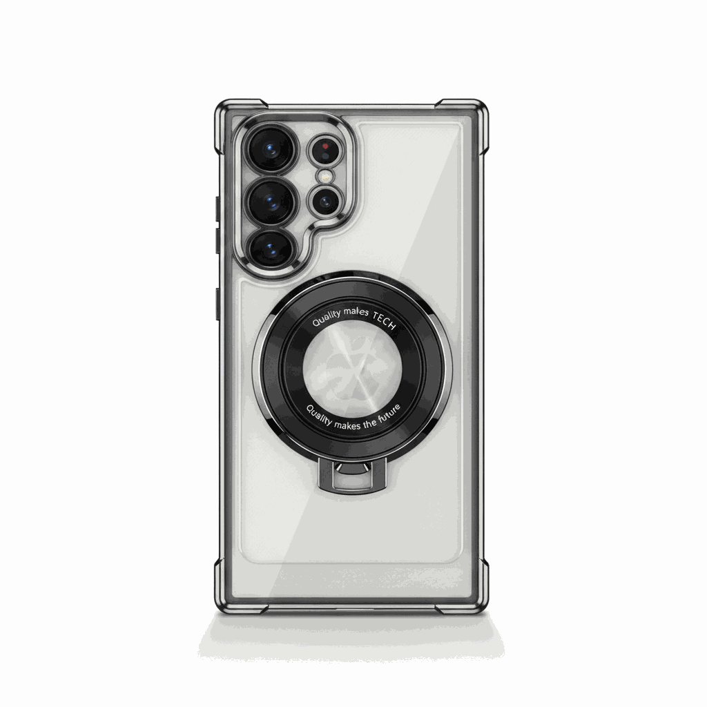 Samsung Galaxy - Magnetic Shockproof Case with a clear back, black reinforced bumper and large circular ring stand