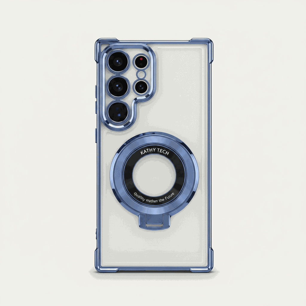 Samsung Galaxy - Magnetic Shockproof Case with clear back, blue reinforced bumper, raised camera edges and circular ring