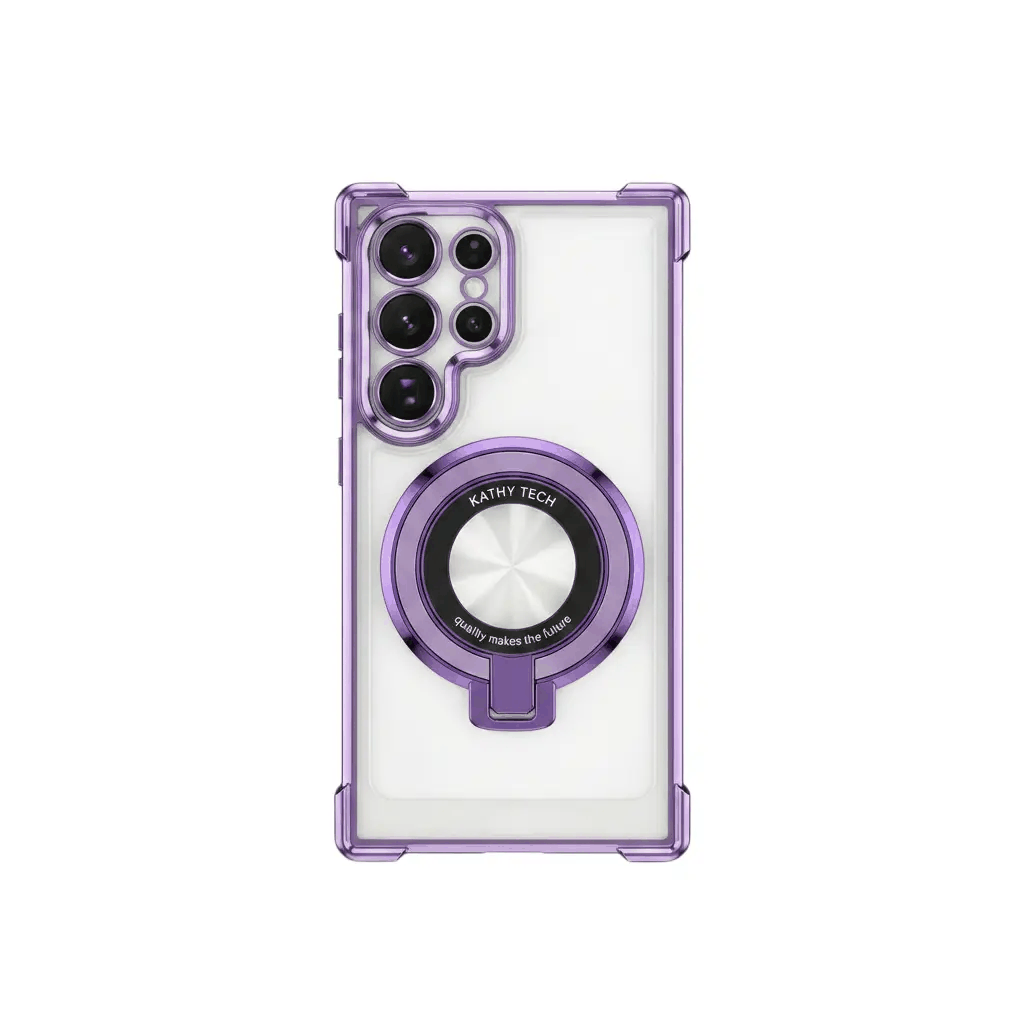 Samsung Galaxy - Magnetic Shockproof Case in clear plastic with purple reinforced corners, camera rim and circular magnetic stand