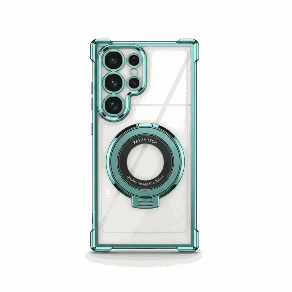 Samsung Galaxy - Magnetic Shockproof Case with a clear back, teal reinforced bumper, and circular magnetic ring stand.