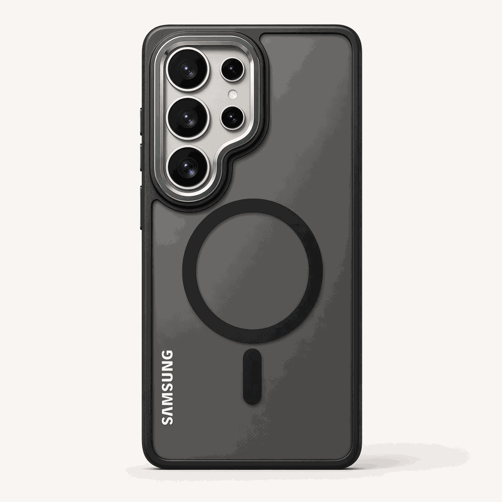Samsung Galaxy - MagSafe Compatible phone case in dark charcoal matte, with a circular magnetic ring, alignment bar and raised camera surround.