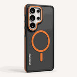 Samsung Galaxy - MagSafe Compatible matte black phone case with orange magnetic ring, alignment bar and raised camera surround