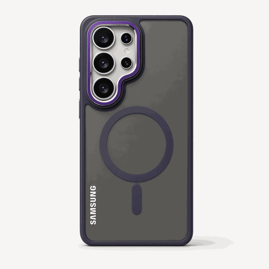Samsung Galaxy - MagSafe Compatible matte dark gray phone case with purple accents, circular magnetic ring, alignment bar and raised camera surround