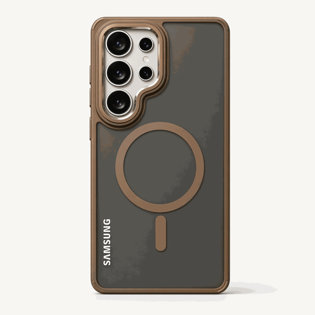 Samsung Galaxy - MagSafe Compatible matte dark gray phone case with bronze edges, raised camera surround and magnetic ring
