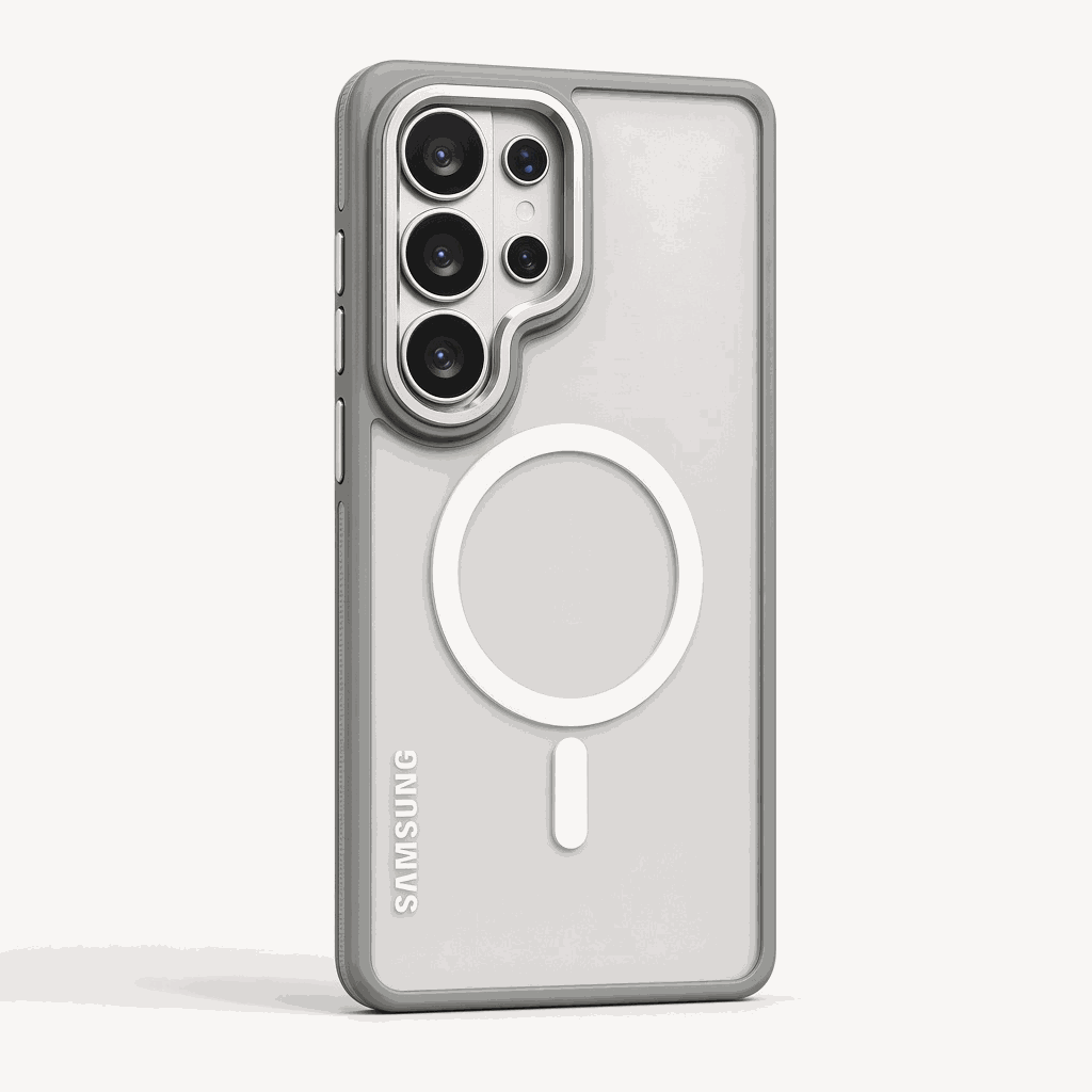 Samsung Galaxy - MagSafe Compatible matte light grey phone case with raised camera surround and circular white magnetic ring