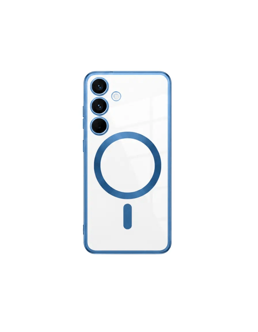 Samsung Galaxy - MagSafe Luxury Shockproof Plated Case with a clear back, blue metallic edges, magnetic ring and triple camera cutouts
