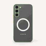 Samsung Galaxy - MagSafe Matte Case in charcoal gray with a muted green rim, matte finish, white magnetic ring and triple-camera cutout.