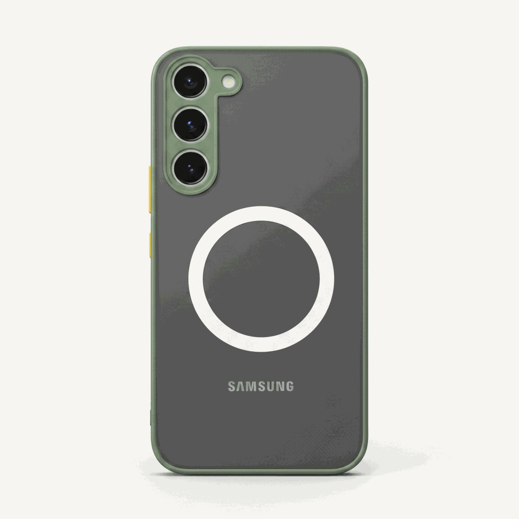 Samsung Galaxy - MagSafe Matte Case in charcoal gray with a muted green rim, matte finish, white magnetic ring and triple-camera cutout.