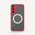 Samsung Galaxy - MagSafe Matte Case in charcoal matte with a bright red rim, raised triple-camera cutout and white magnetic ring