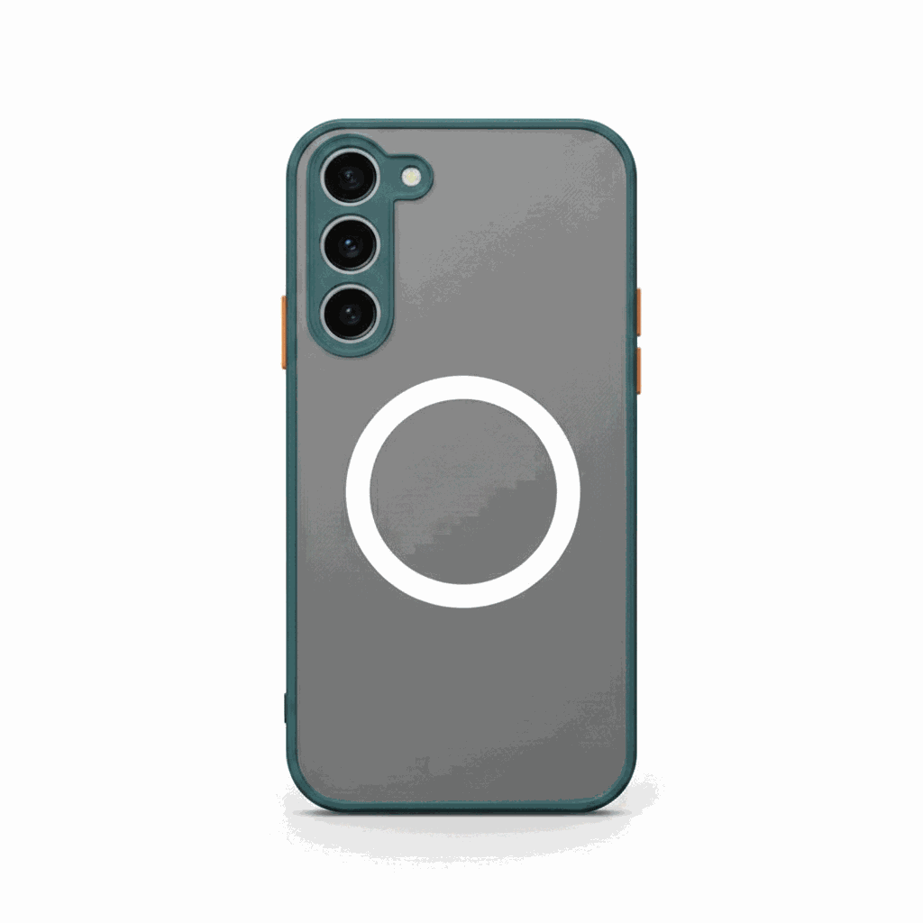Samsung Galaxy - MagSafe Matte Case in charcoal gray with teal edging, white magnetic ring and triple-camera cutout