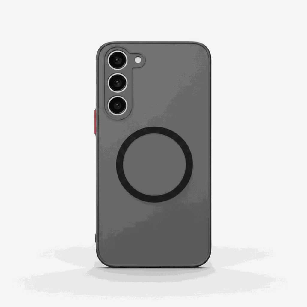 Samsung Galaxy - MagSafe Matte Case in dark gray with a smooth matte back, black magnetic ring and raised triple-camera cutout.