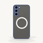Samsung Galaxy - MagSafe Matte Case with a dark gray matte back, blue raised edges, and a white magnetic ring