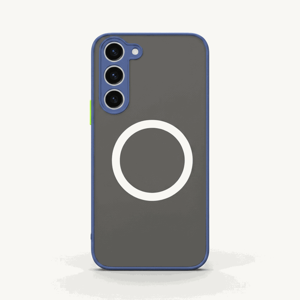 Samsung Galaxy - MagSafe Matte Case with a dark gray matte back, blue raised edges, and a white magnetic ring
