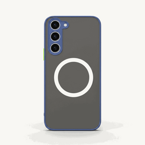 Samsung Galaxy - MagSafe Matte Case with a dark gray matte back, blue raised edges, and a white magnetic ring
