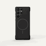 Samsung Galaxy case in matte black with a slim frameless design, raised camera edges, and a circular magnetic ring