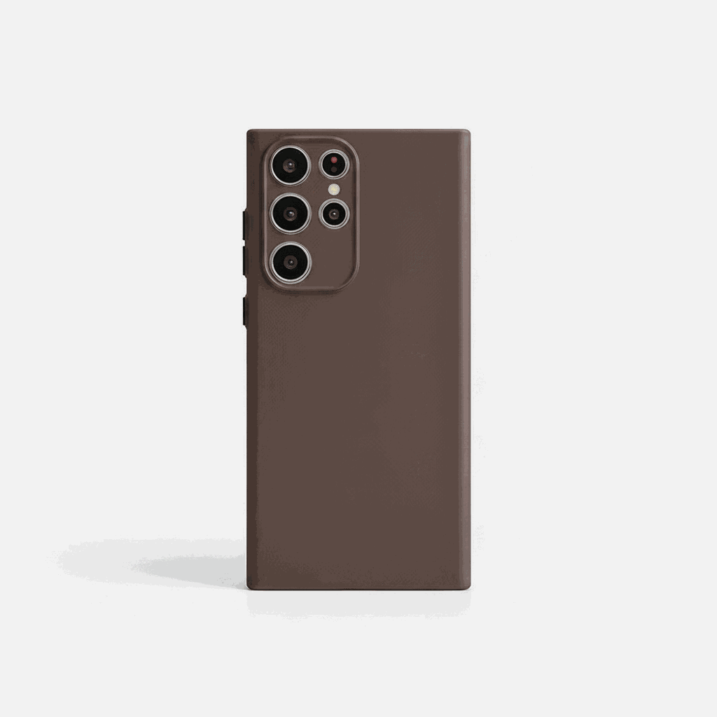 Samsung Galaxy phone case with a smooth matte brown finish and raised camera surround for multiple lenses