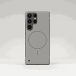 Samsung Galaxy phone case in matte gray with a slim profile, raised camera cutouts, and circular magnetic ring