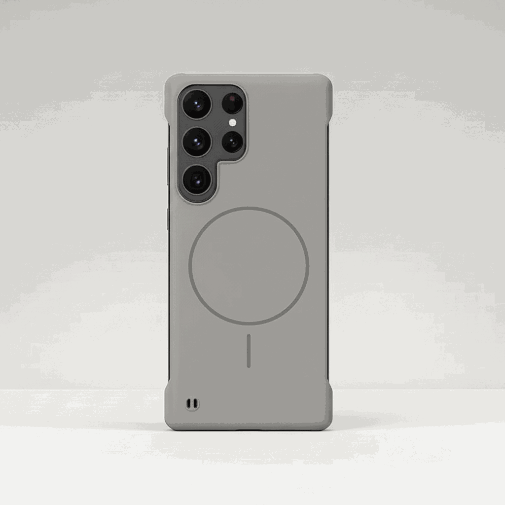 Samsung Galaxy phone case in matte gray with a slim profile, raised camera cutouts, and circular magnetic ring