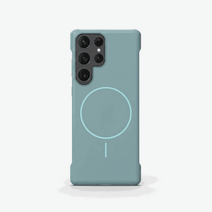 Samsung Galaxy case in matte teal with a slim frameless design, raised camera edges, and a circular magnetic ring