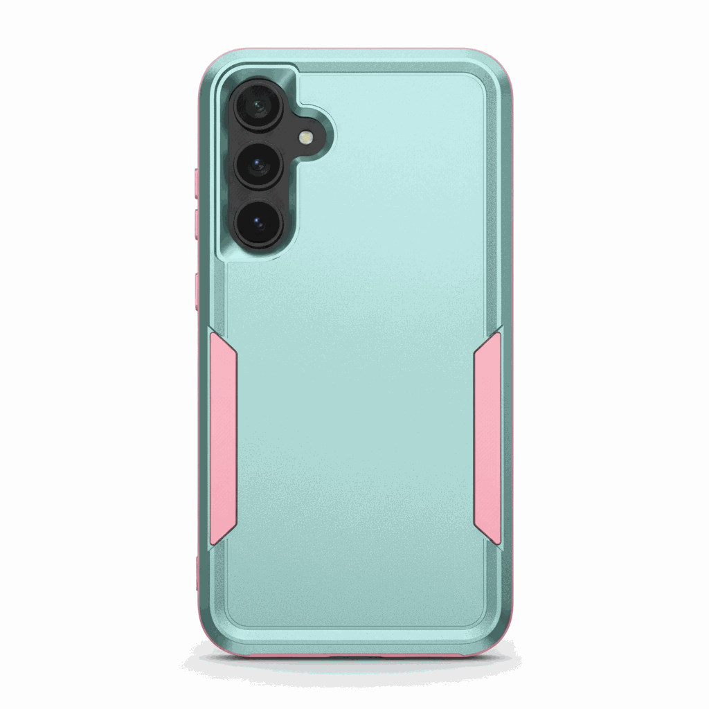 Samsung Galaxy - Military Grade Shockproof Case in aqua with a rugged two-tone design, pink side accents and triple-camera cutout