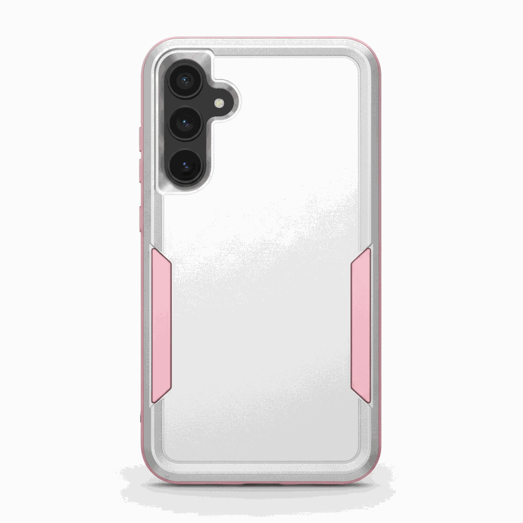 Samsung Galaxy - Military Grade Shockproof Case in clear and pink with a transparent back, reinforced edges, and camera cutout