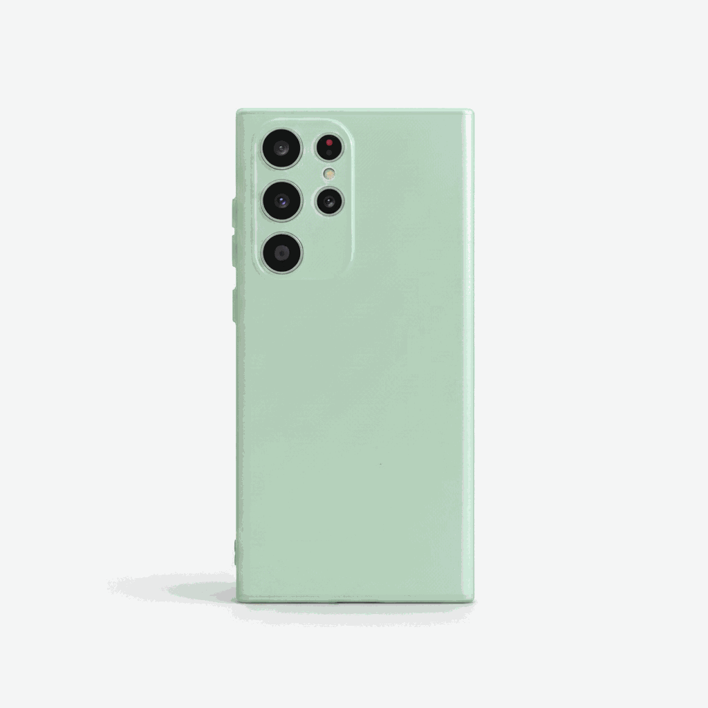 Samsung Galaxy silicone phone case in pale mint green with a smooth matte finish and raised camera cutout
