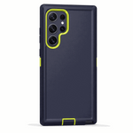 Samsung Galaxy armor phone case in dark navy with neon yellow camera trim, textured back, raised edges, and kickstand