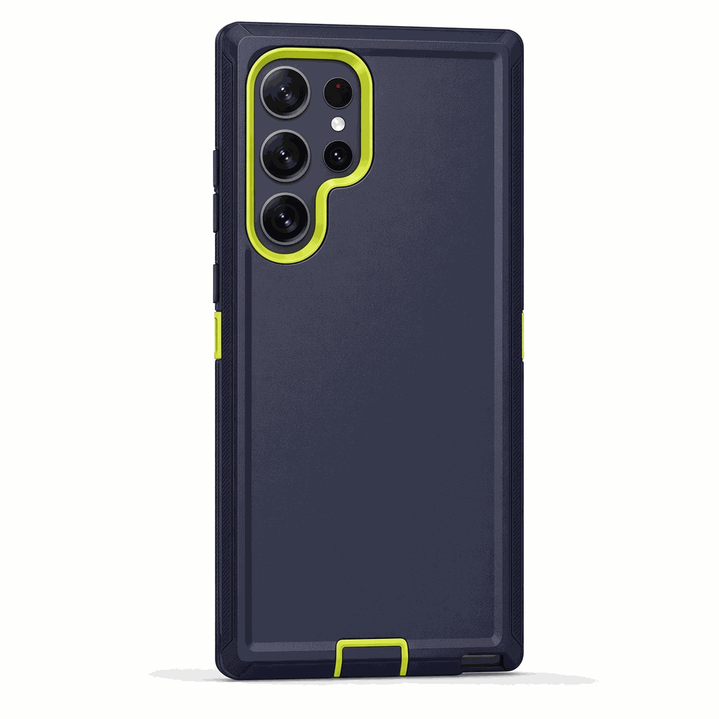 Samsung Galaxy armor phone case in dark navy with neon yellow camera trim, textured back, raised edges, and kickstand