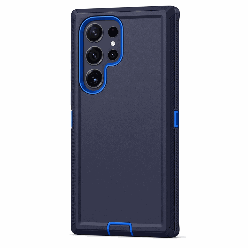 Samsung Galaxy armor phone case in dark navy with bright blue trim, a raised camera surround and reinforced edges